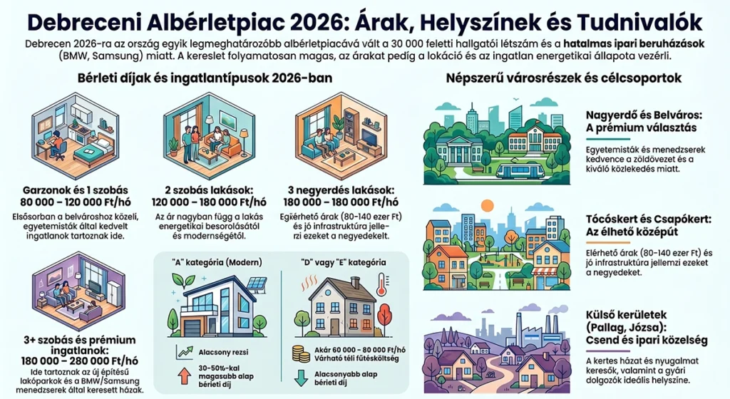 albérlet debrecen 2026 ártáblázat típusonként területenként infógrafika