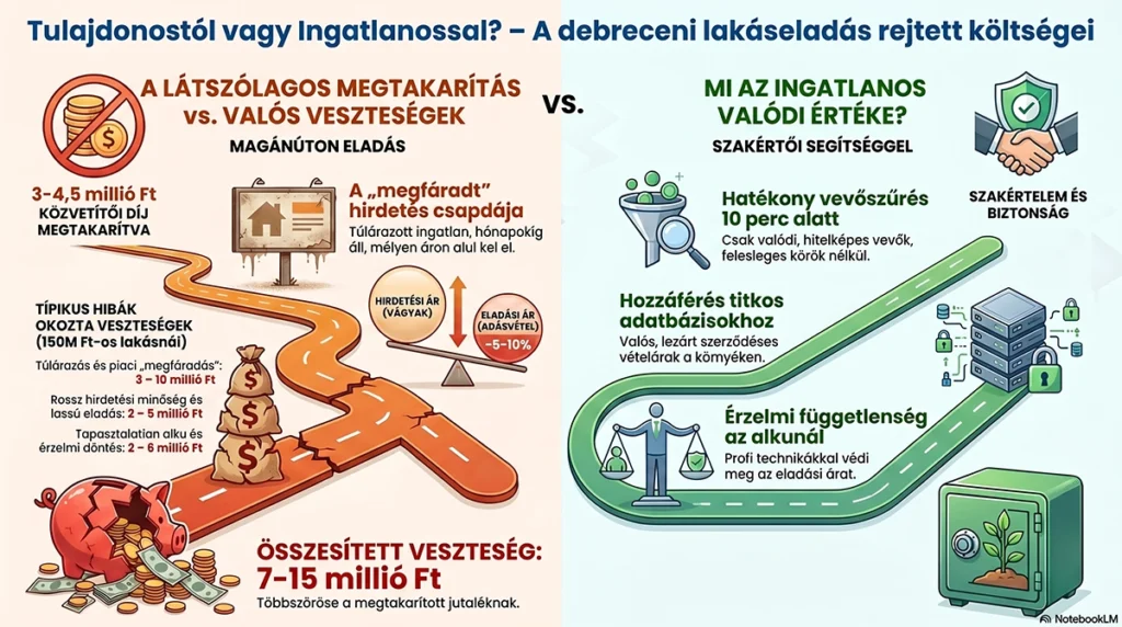 eladó lakás debrecen tulajdonostól vs szakemberrel összehasonlító táblázat infógrafika