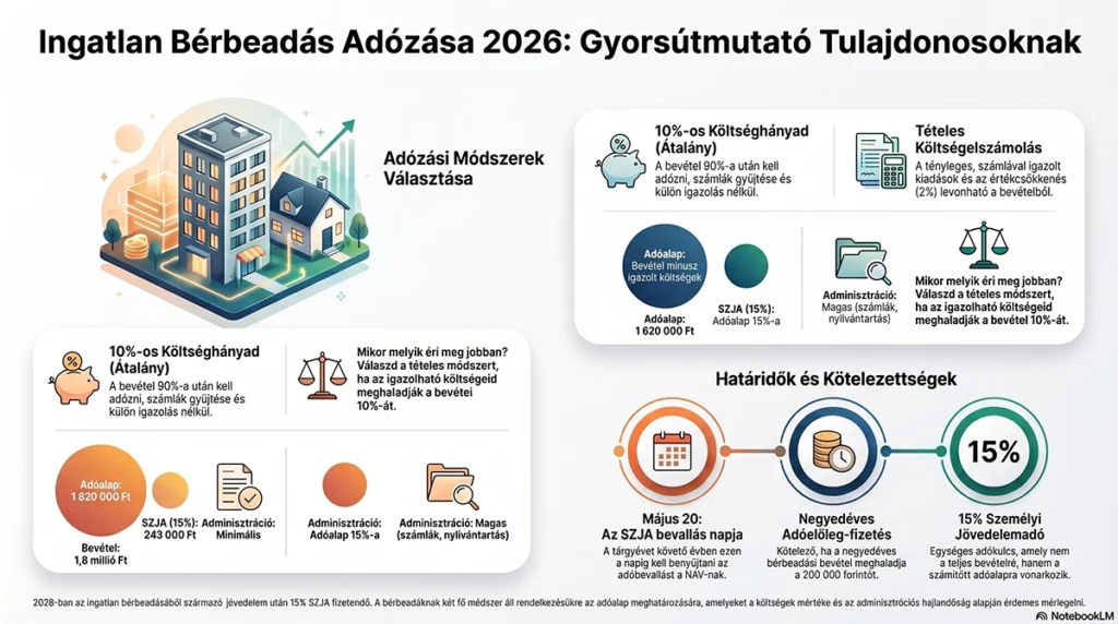 ingatlan bérbeadás adózása 2026 tételes átalányos összehasonlítás infógrafika