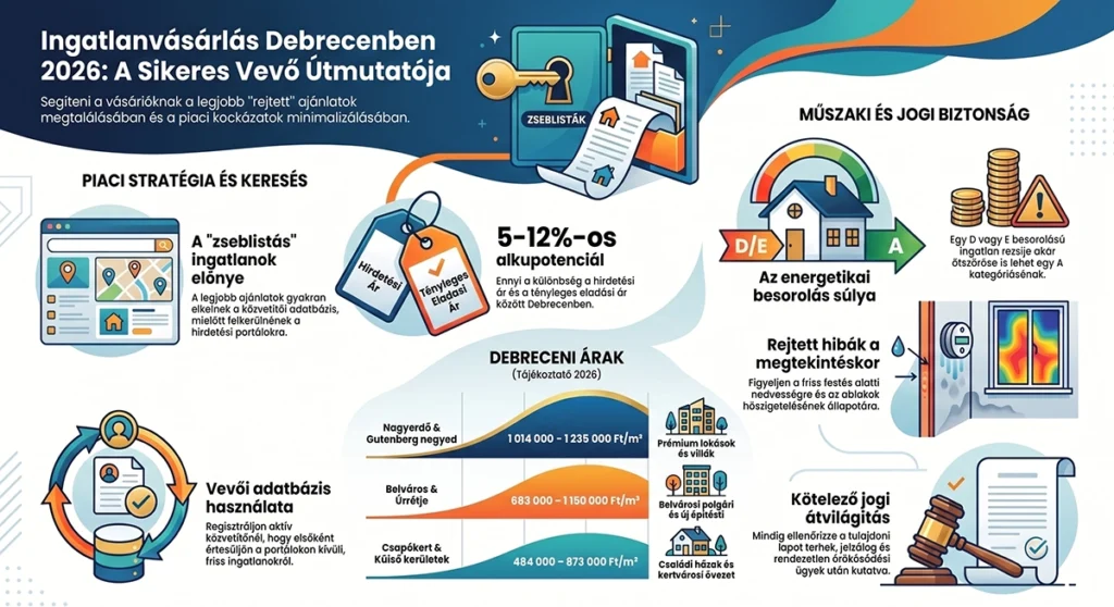 ingatlan vásárlás debrecen vevői folyamat lépései infógrafika 2026