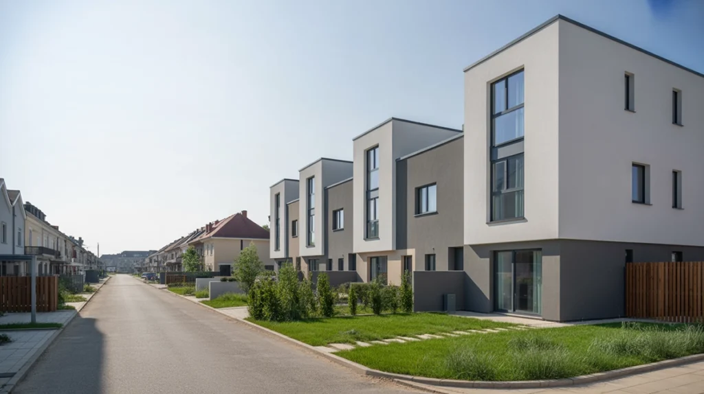 debrecen újépítésű lakópark bmw vevők - modern lakóterület Debrecenben nyáron, illusztráció