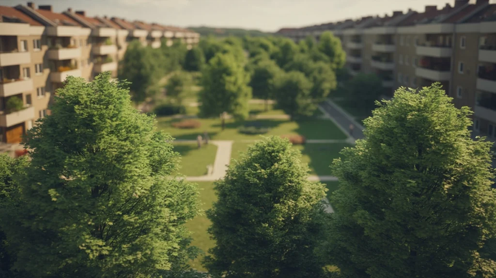 debrecen lakótelep panel lakás nyáron - tócóskerti lakóövezet nyári zöldben, illusztráció