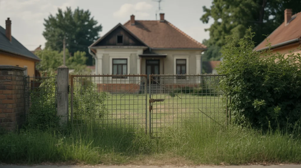 árverési ingatlan debrecen kívülről - zárt kapu mögötti megtekinthetetlen ház, illusztráció