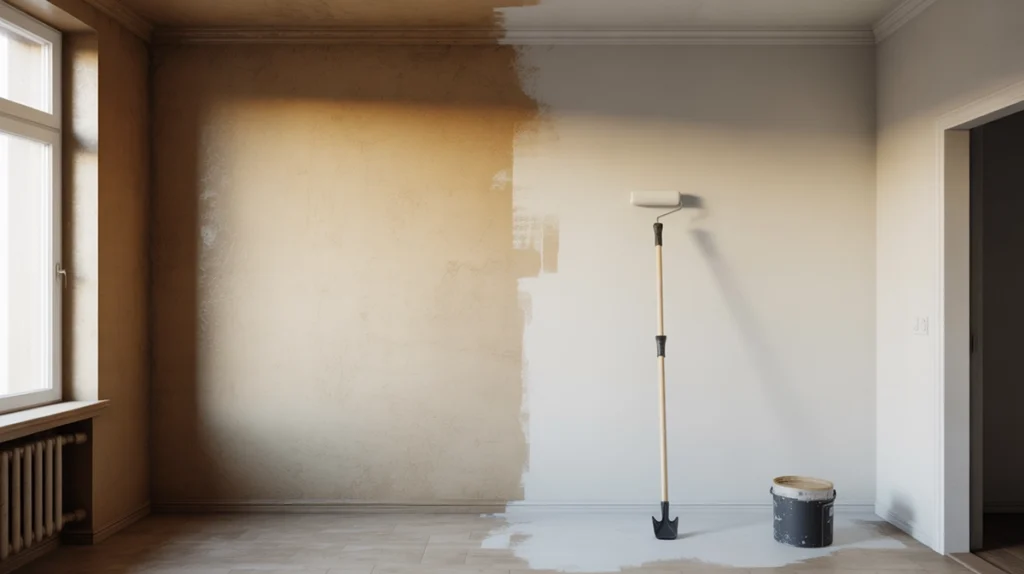 ingatlan felújítás eladás előtt festés - frissen festett és régi fal összehasonlítás, illusztráció