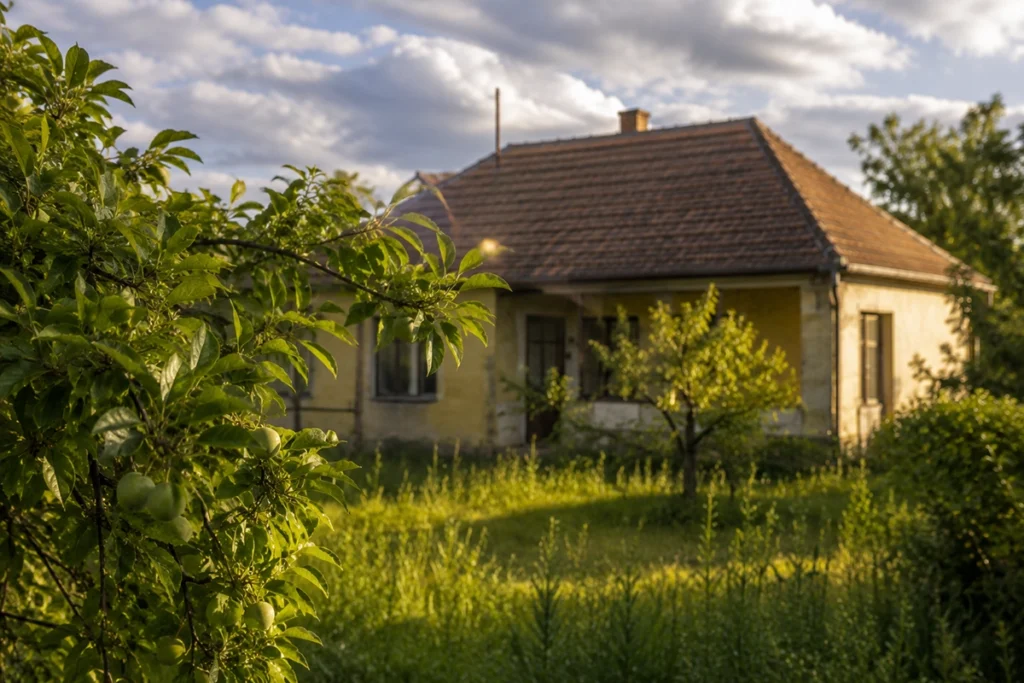 ingatlanosok segítségét nem kérem eladásra váró ház - régebbi vidéki ház debrecen környékén nyáron, illusztráció