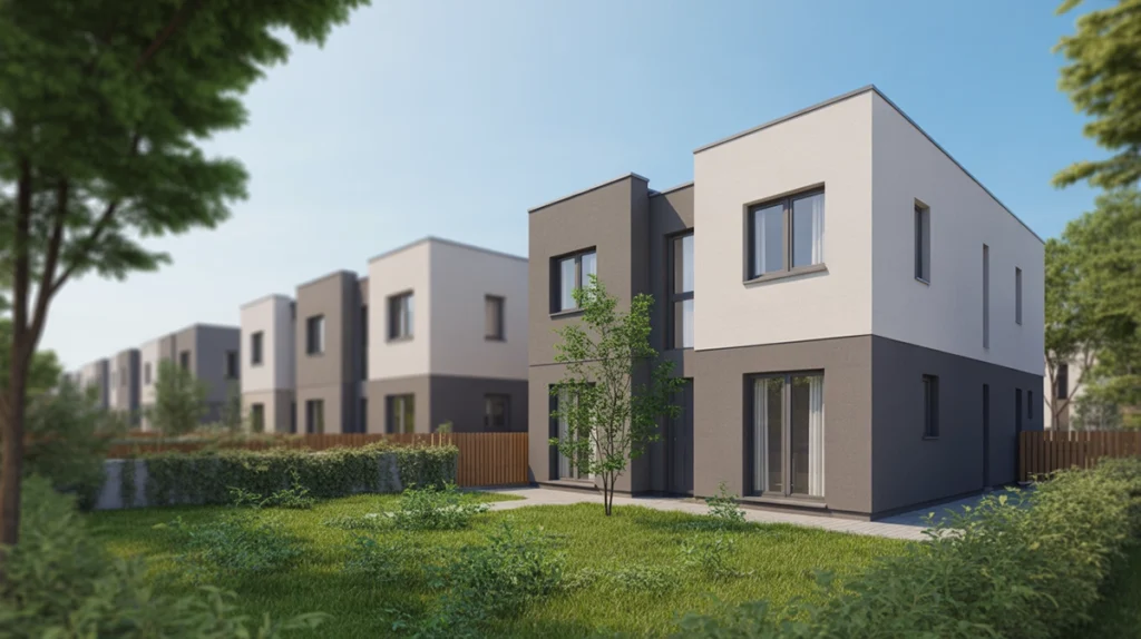 új építésű lakások debrecen - modern újépítésű ikerház nyáron, illusztráció