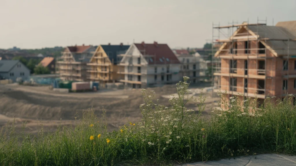 debreceni újépítésű fejlesztés építés alatt - épülő lakóterület nyáron, illusztráció