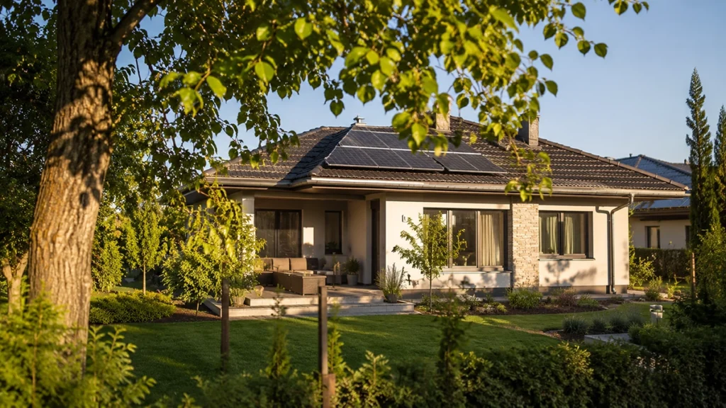 energia tanúsítvány ingatlan eladás korszerű ház - jó besorolású debreceni ház napelemmel nyáron, illusztráció