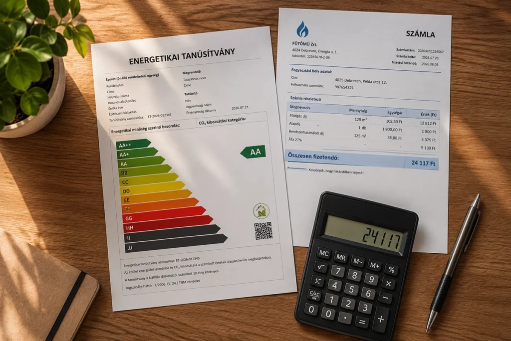 energia tanúsítvány ingatlan eladás besorolás és rezsi - tanúsítvány és rezsiszámla összefüggése, illusztráció