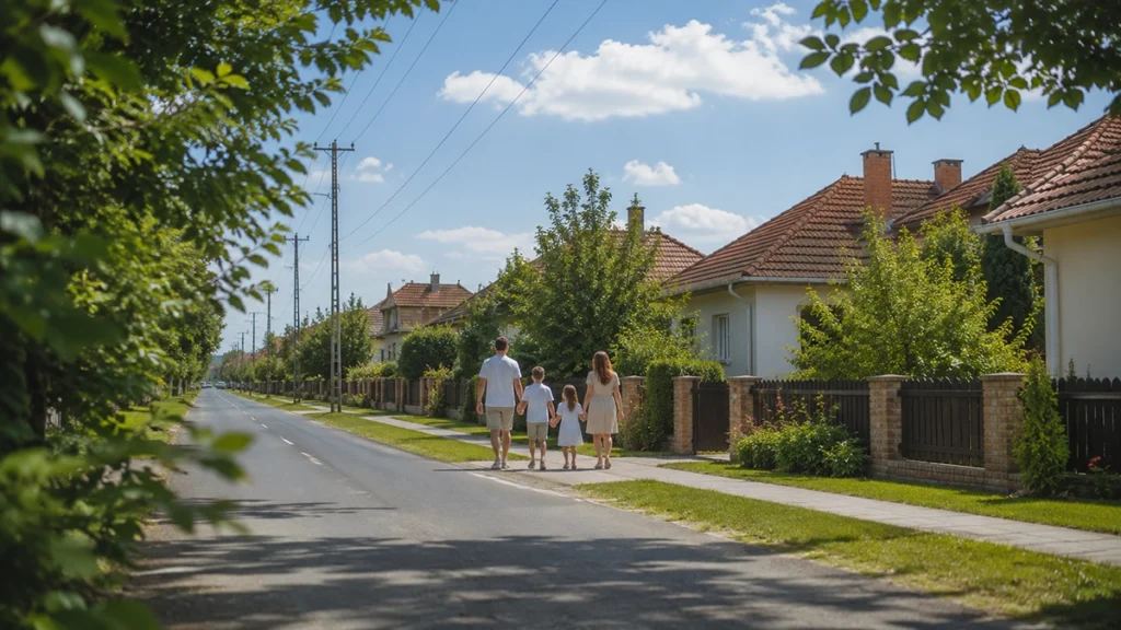 ingatlan bocskaikert mikepércs sáránd - család sétál a vonzáskörzeti falu utcáján nyáron, illusztráció