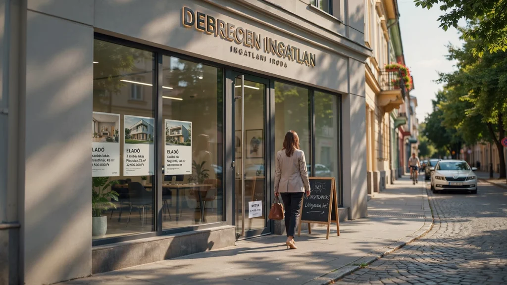 ingatlan iroda debrecen - debreceni ingatlaniroda nyáron, hirdetésekkel a kirakatban, illusztráció