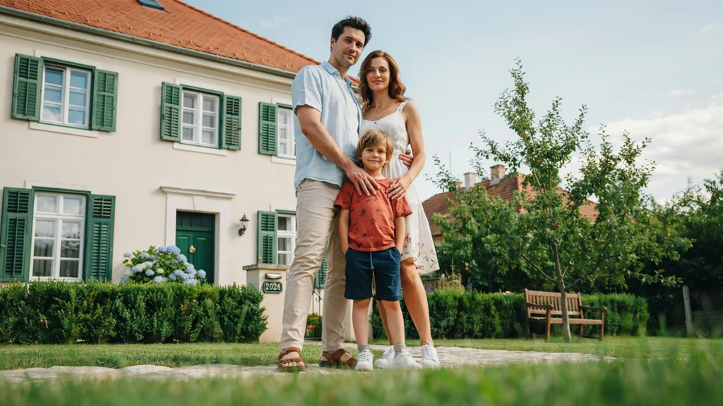 ingatlant venni vagy bérelni - család a saját, megvásárolt otthonuk előtt nyáron, illusztráció