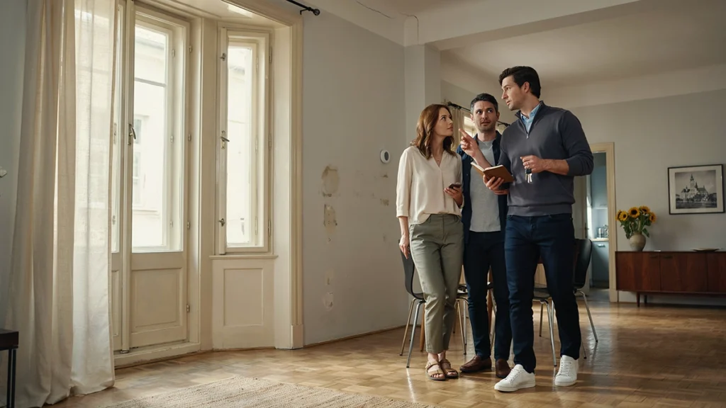 lakásvásárlás debrecen - vevő pár és szakember alaposan megnézik a lakást nyáron, illusztráció