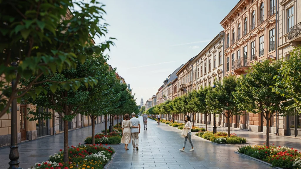eladó ingatlan debrecen belváros - elegáns belvárosi utcakép nyáron, illusztráció