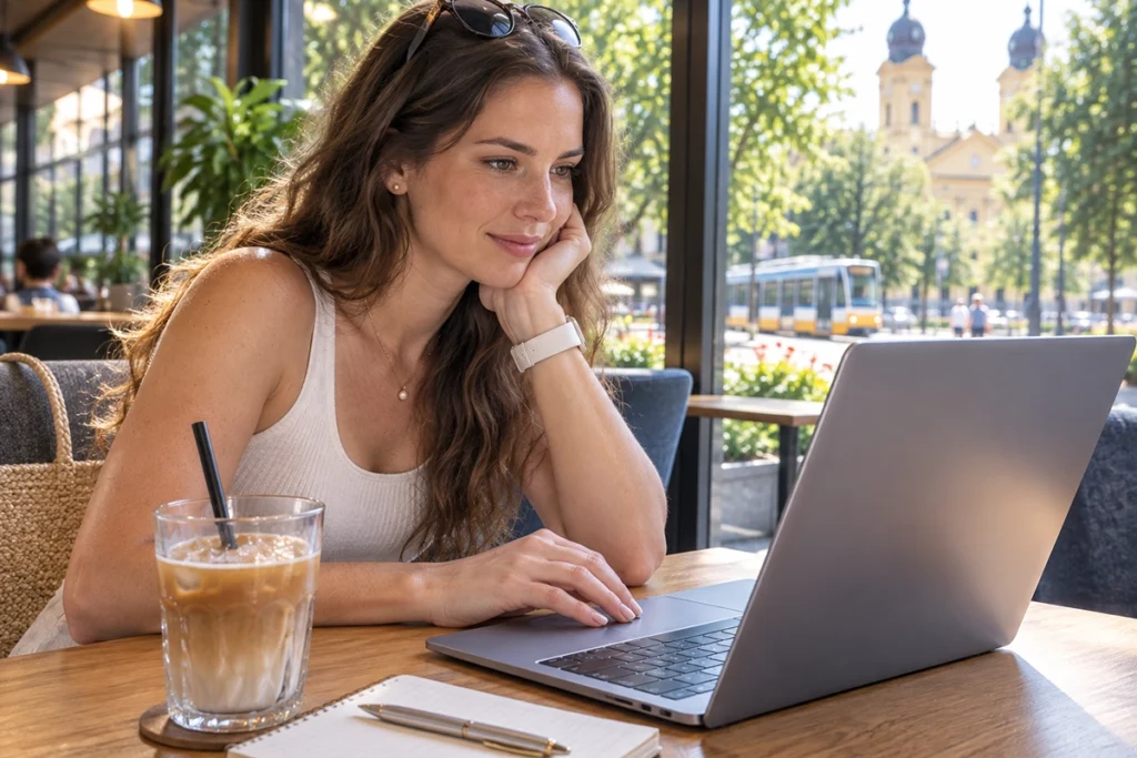 albérlet árak debrecen - fiatal bérlő albérletet keres a laptopján nyáron, illusztráció