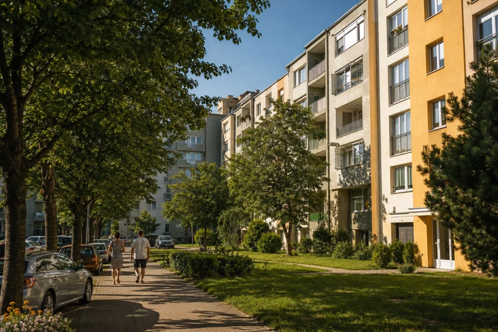 albérlet árak debrecen - megfizethető debreceni lakótelep utcaképe nyáron, illusztráció