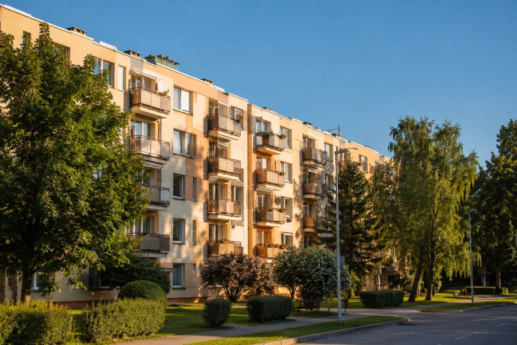 bérlakás Debrecen - rendezett önkormányzati bérlakóház fás környezetben nyáron, illusztráció