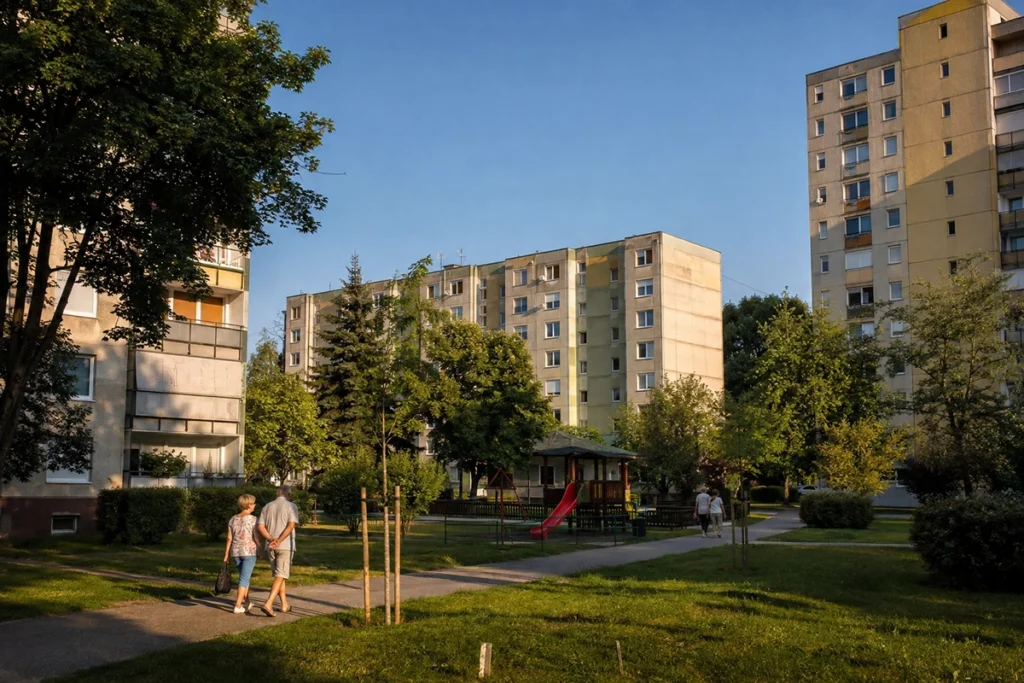 eladó ingatlan tócóskert debrecen - tócóskerti panel lakótelep zöld udvarral nyáron, illusztráció