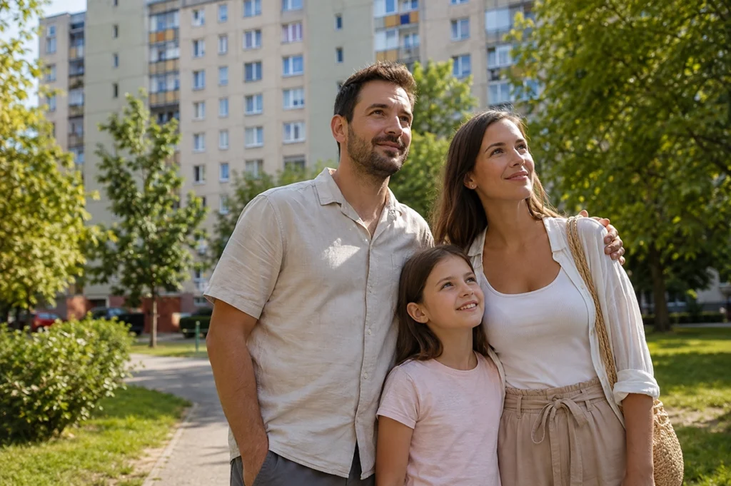 eladó ingatlan tócóskert debrecen - fiatal család az első otthonuk előtt a lakótelepen nyáron, illusztráció