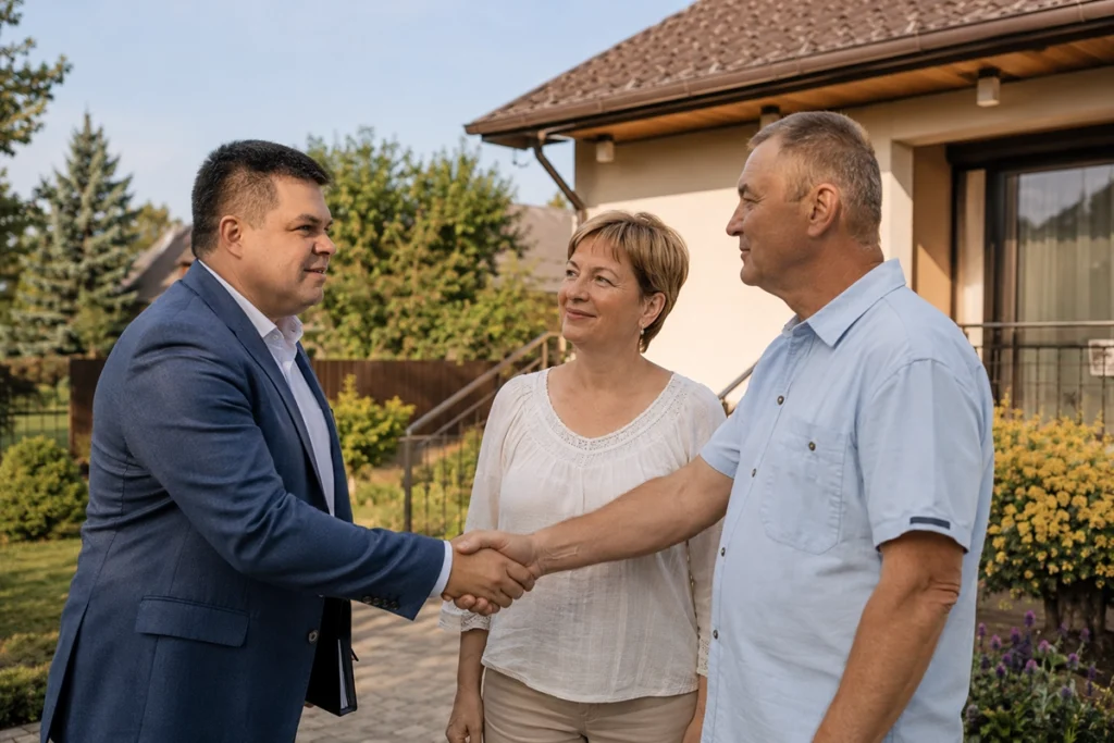 hogyan dolgozik az ingatlanos - helyi ingatlanszakértő és a tulajdonosok egy debreceni ház előtt nyáron, illusztráció