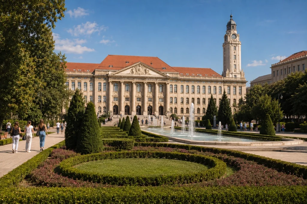 ingatlan Egyetem Debrecen - a Debreceni Egyetem főépülete és parkja a Nagyerdőnél nyáron, illusztráció