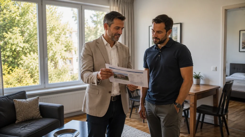 ingatlan Egyetem Debrecen - helyi szakember egyeztet a befektetővel egy kiadható lakásban nyáron, illusztráció