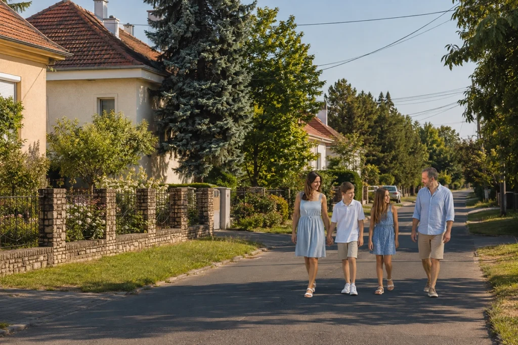 ingatlan Homokkert Debrecen - homokkerti kertvárosi utca családi házakkal nyáron, illusztráció