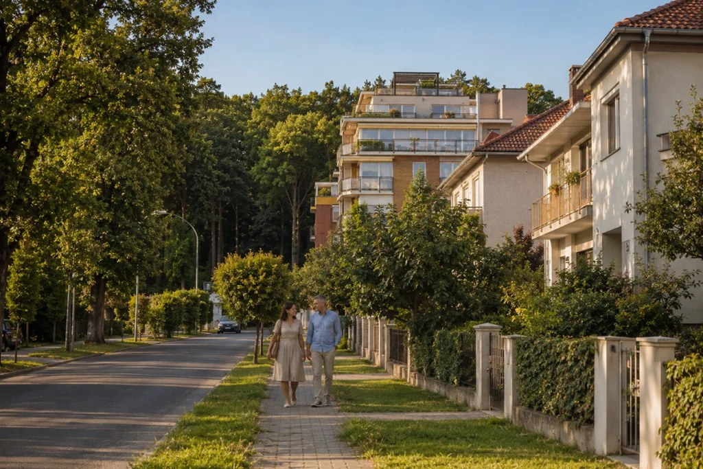 ingatlan Nyulas Debrecen - zöld lakóövezet a Nagyerdő mellett nyáron, illusztráció