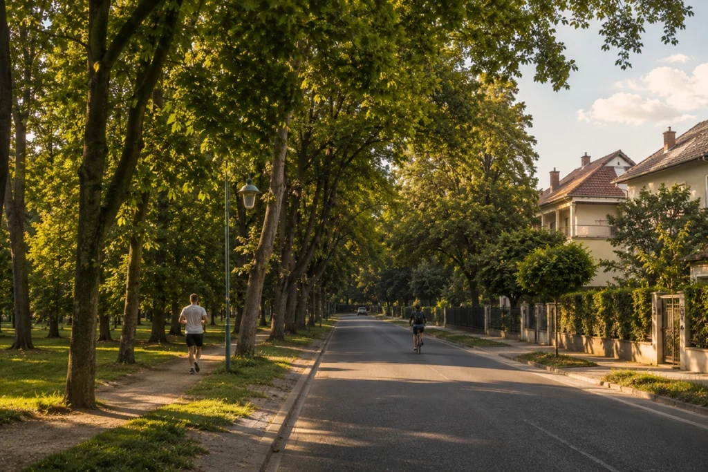 ingatlan Nyulas Debrecen - Nagyerdő menti zöld sétány a lakóövezet szélén nyáron, illusztráció
