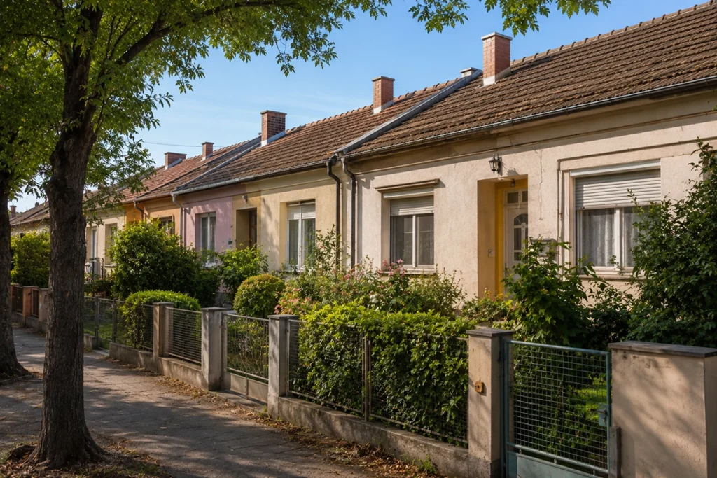 ingatlan Nyulas Debrecen - régi kertvárosi sorház kis kerttel nyáron, illusztráció