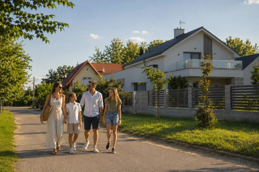 ingatlan Pallag Debrecen - zöld, fejlődő övezet régi és új házakkal nyáron, illusztráció