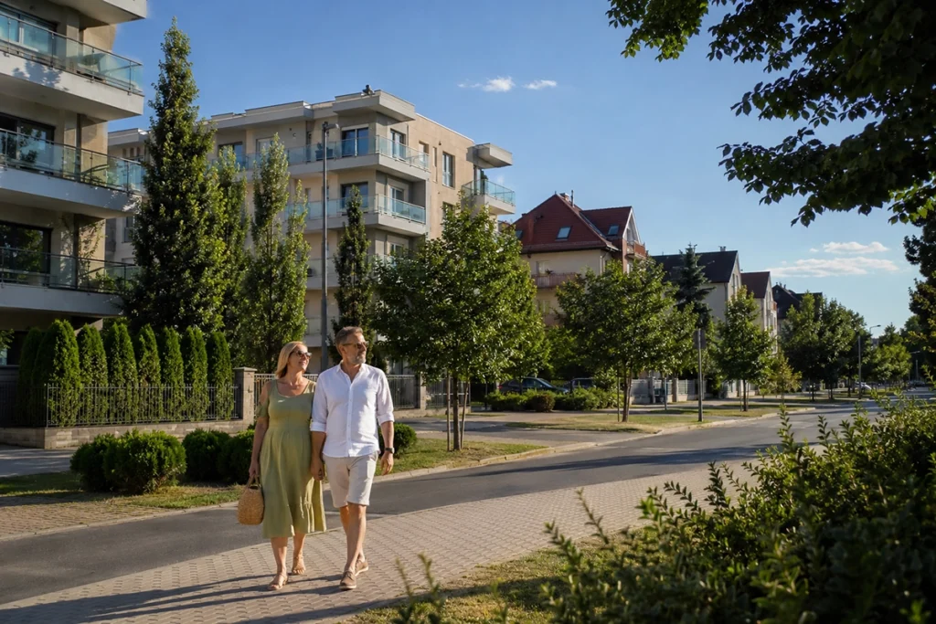 ingatlan Sestakert Debrecen - csendes, zöld lakóövezet fás utcákkal nyáron, illusztráció