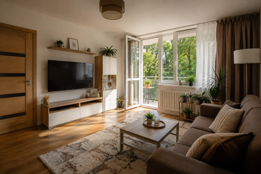 ingatlan Sestakert Debrecen - felújított sestakerti lakás világos belső tere nyáron, illusztráció