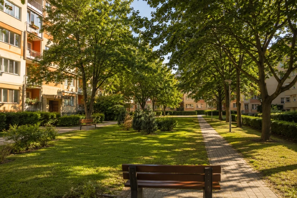 ingatlan Sestakert Debrecen - zöld belső udvar a lakóházak között nyáron, illusztráció
