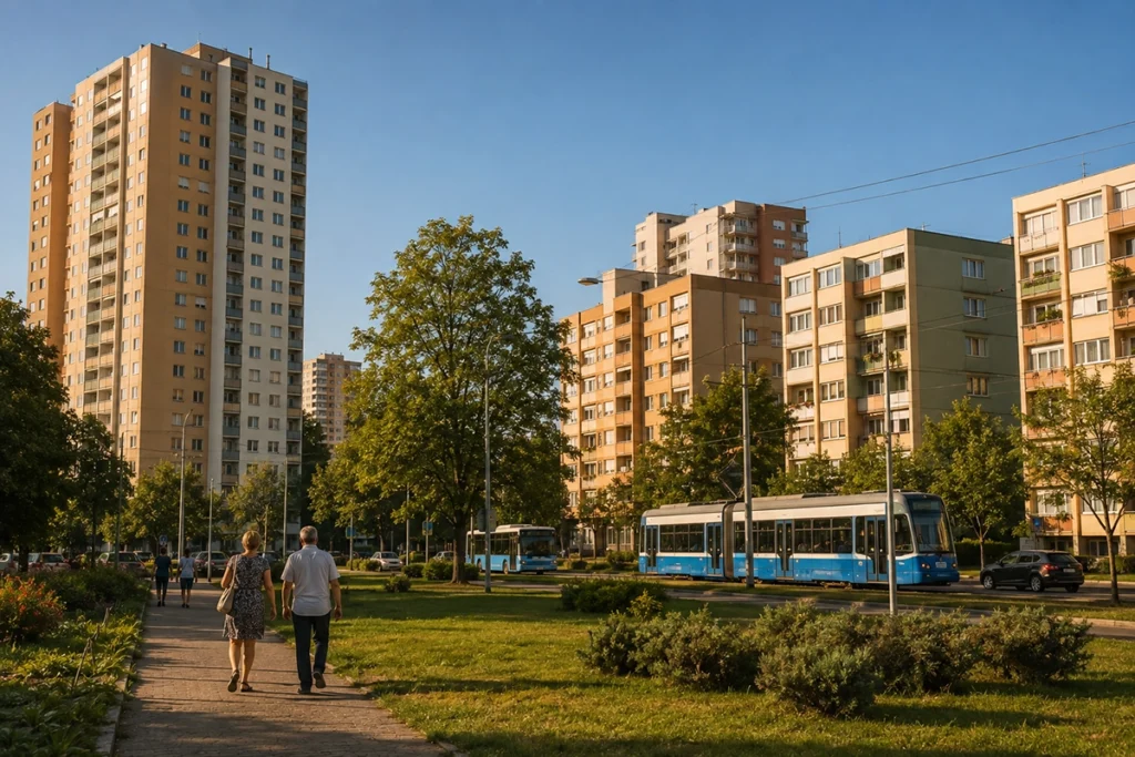 ingatlan Újkert Debrecen - újkerti panel toronyházak zöld udvarral nyáron, illusztráció