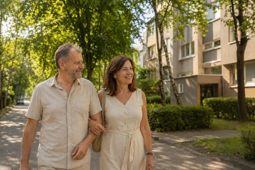 ingatlan Vénkert Debrecen - középkorú pár sétál a csendes, fás lakóövezetben nyáron, illusztráció