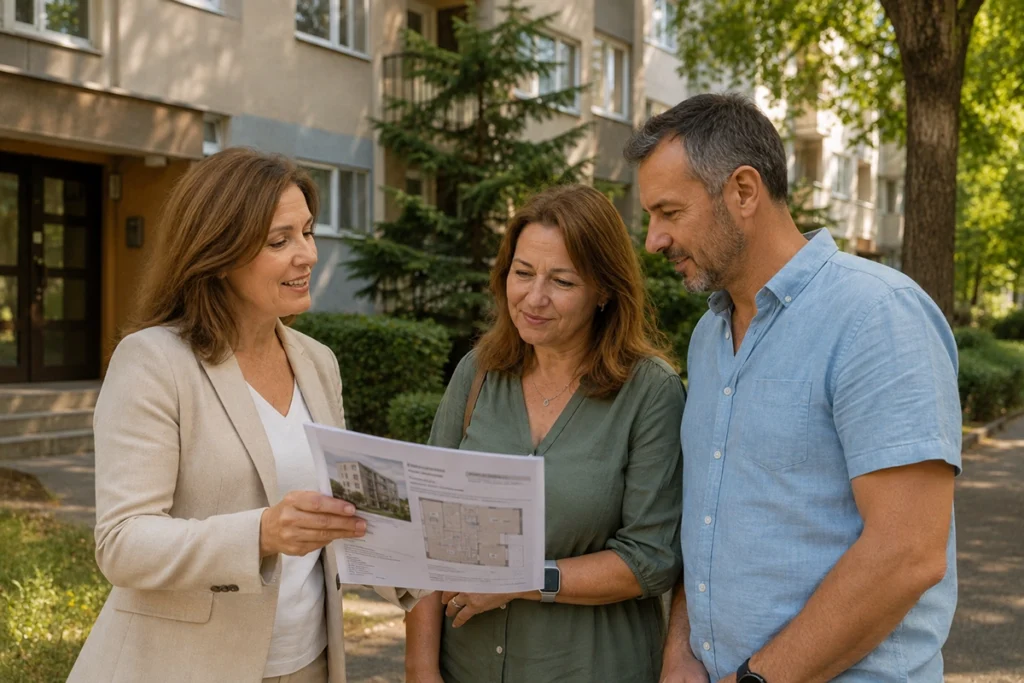 ingatlan Vénkert Debrecen - helyi szakember felméri a lakást az ügyfelekkel nyáron, illusztráció