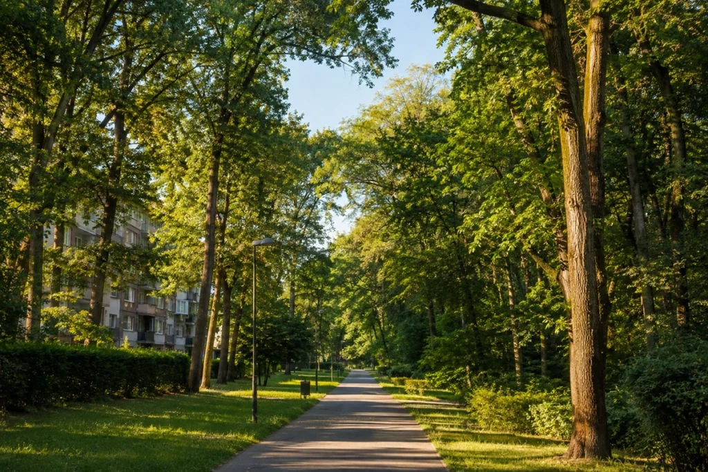 ingatlan Vénkert Debrecen - zöld sétány a városrész és a Nagyerdő között nyáron, illusztráció