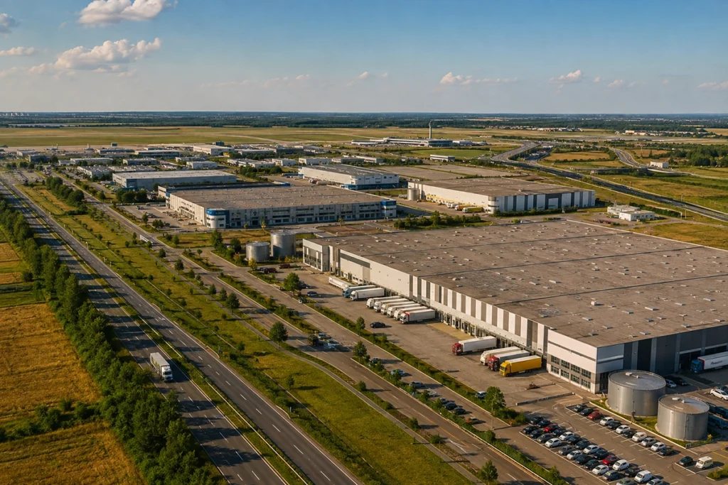 ipari ingatlan debrecen - modern ipari park csarnokokkal és úthálózattal nyáron, illusztráció