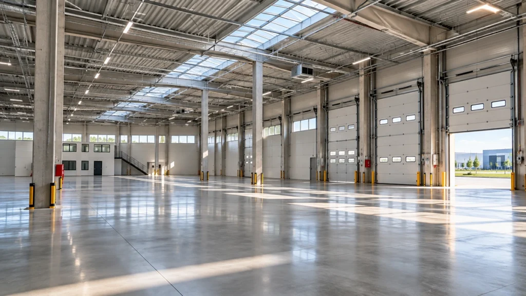 ipari ingatlan debrecen - modern gyártócsarnok tágas belső tere nyáron, illusztráció