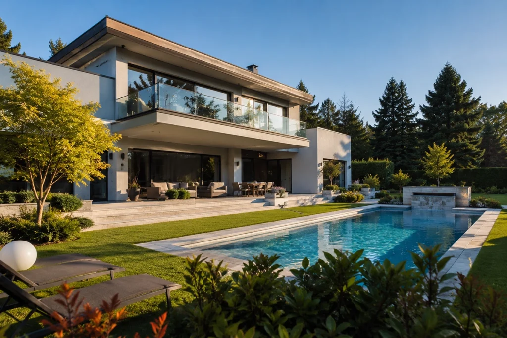 luxus ingatlan debrecen - modern luxusvilla medencével kertvárosi környezetben nyáron, illusztráció
