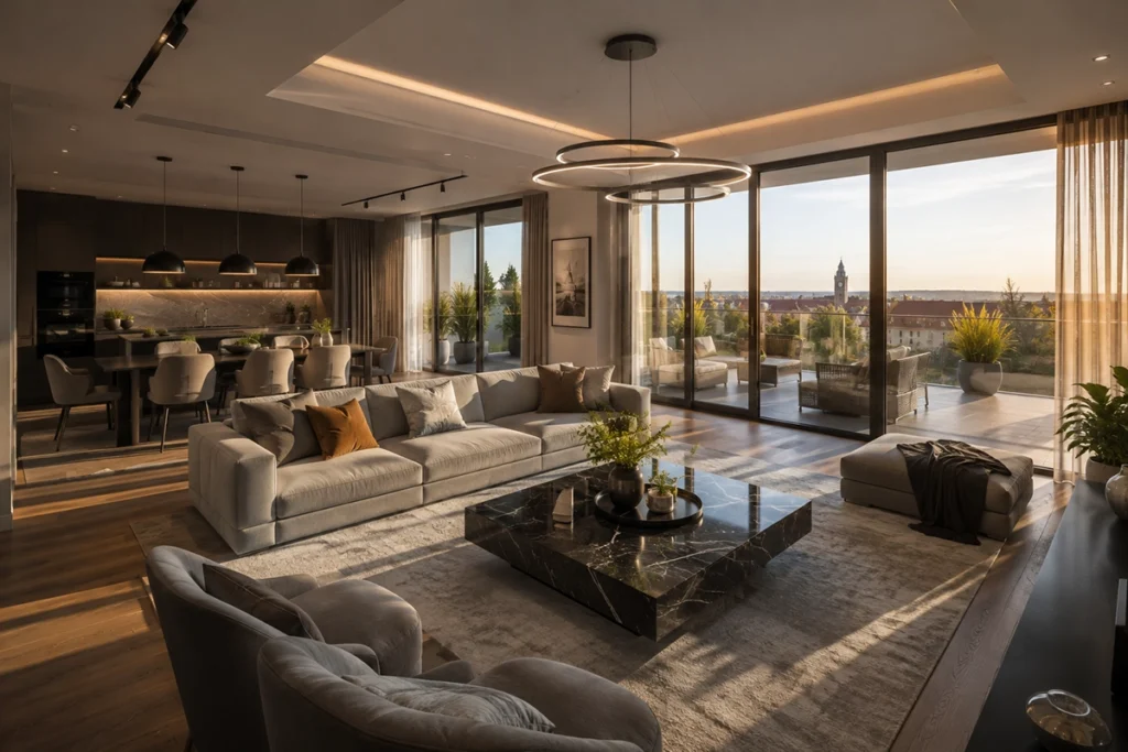 luxus ingatlan debrecen - exkluzív penthouse belső tere nagy teraszkapcsolattal nyáron, illusztráció