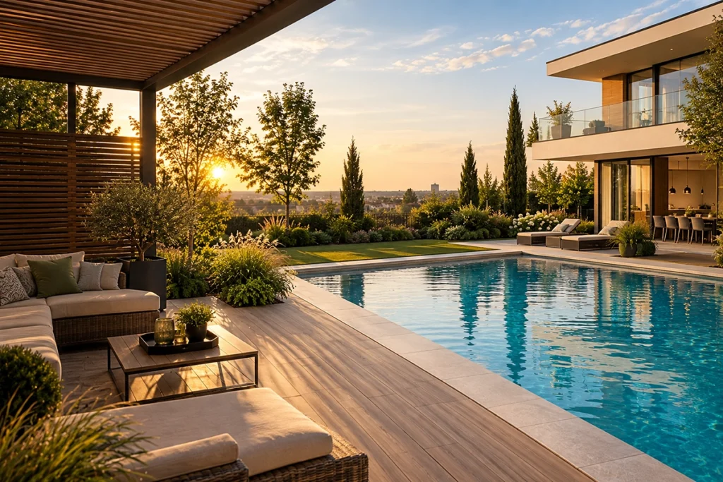 luxus ingatlan debrecen - luxusvilla wellness terasza medencével nyáron, illusztráció