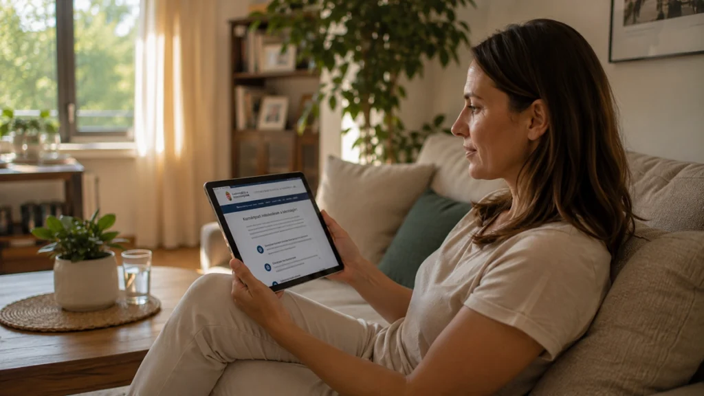 Otthon Start megszűnik - fiatal ellenőrzi a hivatalos információkat tableten otthon nyáron, illusztráció