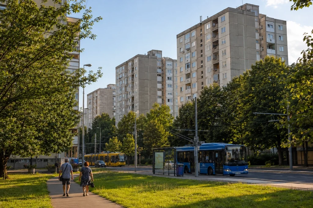 panellakás Debrecen - Dobozi lakótelep panelházai zöld udvarral, a belváros mellett nyáron, illusztráció