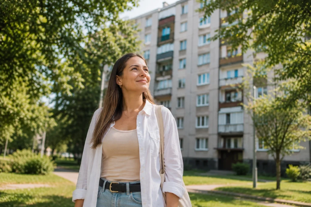 panellakás Debrecen - fiatal, első lakását kereső vásárló a lakótelepen nyáron, illusztráció