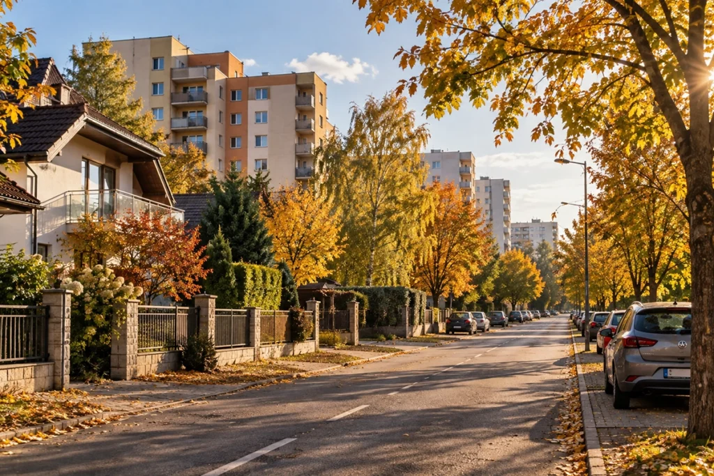 albérlet vagy saját lakás - debreceni lakónegyed panellel és családi házakkal kora ősszel, illusztráció