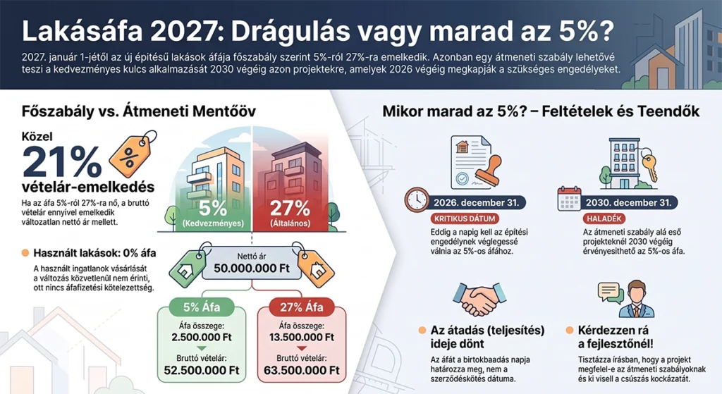 lakásáfa 2027 - az 5 és 27 százalékos áfa és az átmeneti szabály infógrafika, illusztráció