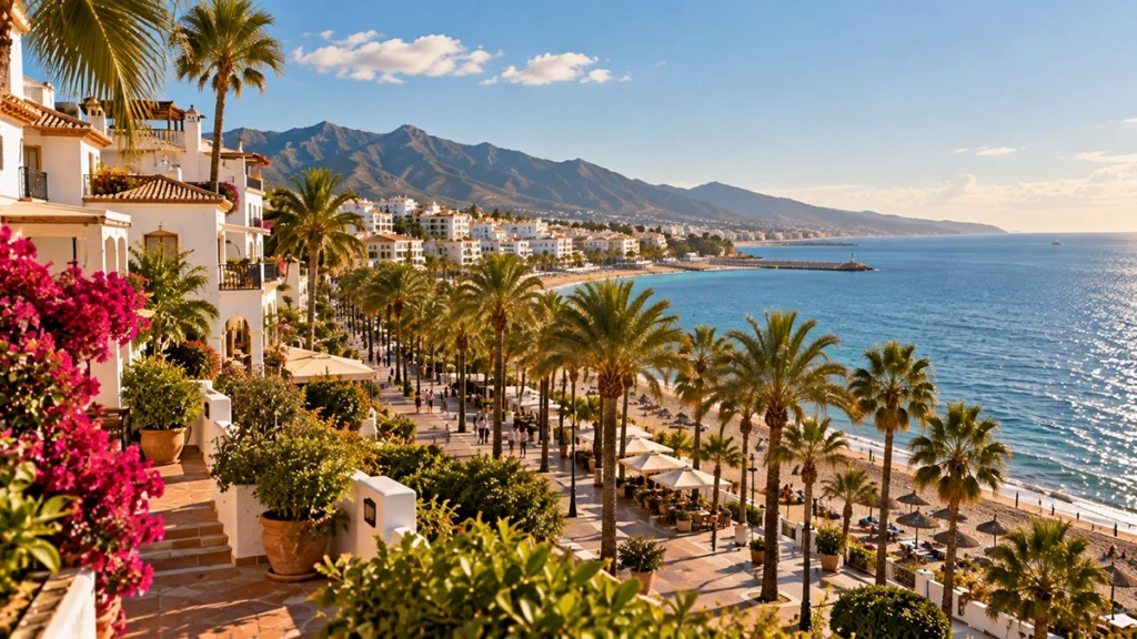 spanyol ingatlan vásárlás - napfényes Costa del Sol-i tengerparti település szeptemberben, illusztráció