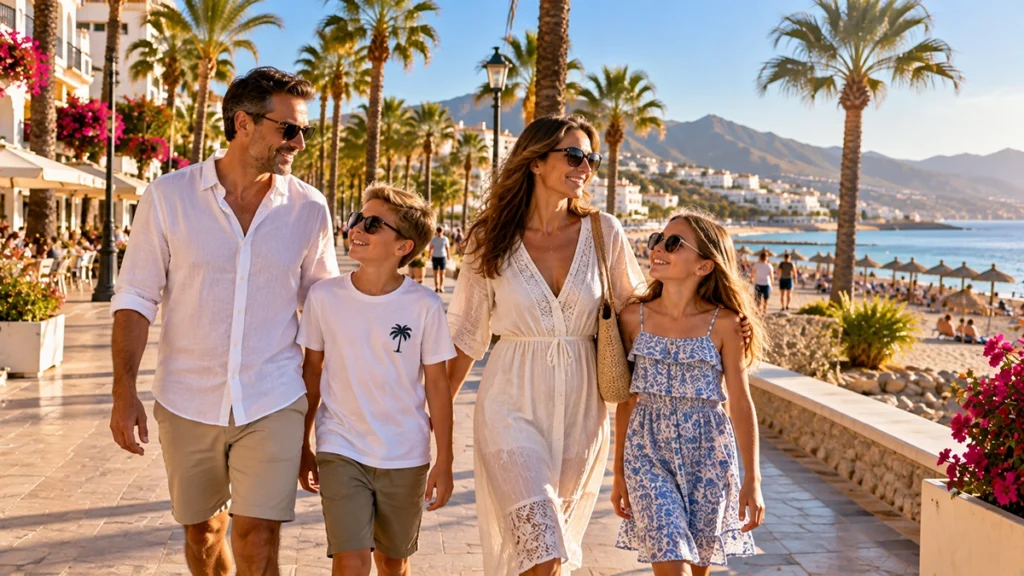spanyol ingatlan vásárlás - fiatal magyar család a Costa del Sol tengerparti sétányán szeptemberben, illusztráció